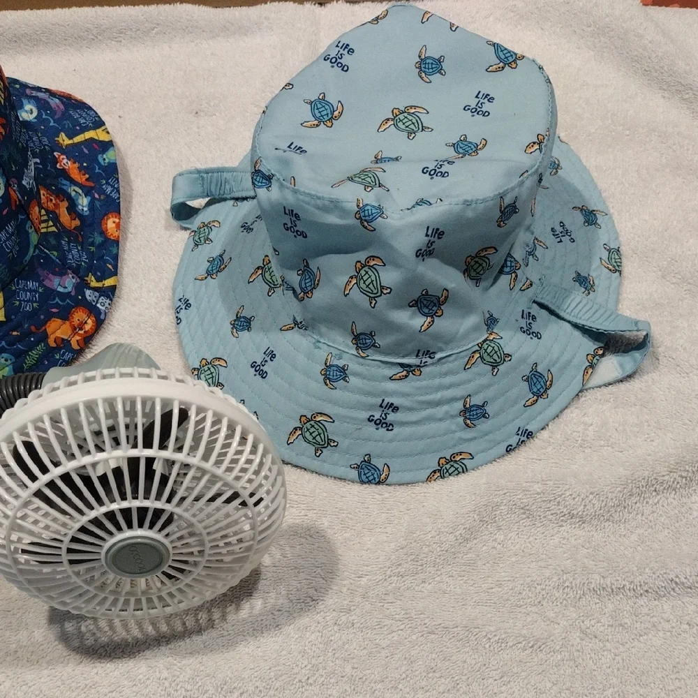 2 For 8 Sale Kids, Personal Fan With A Set Of 2 Stylish And Fun Blue Bucket Hats - Picture 2 of 4